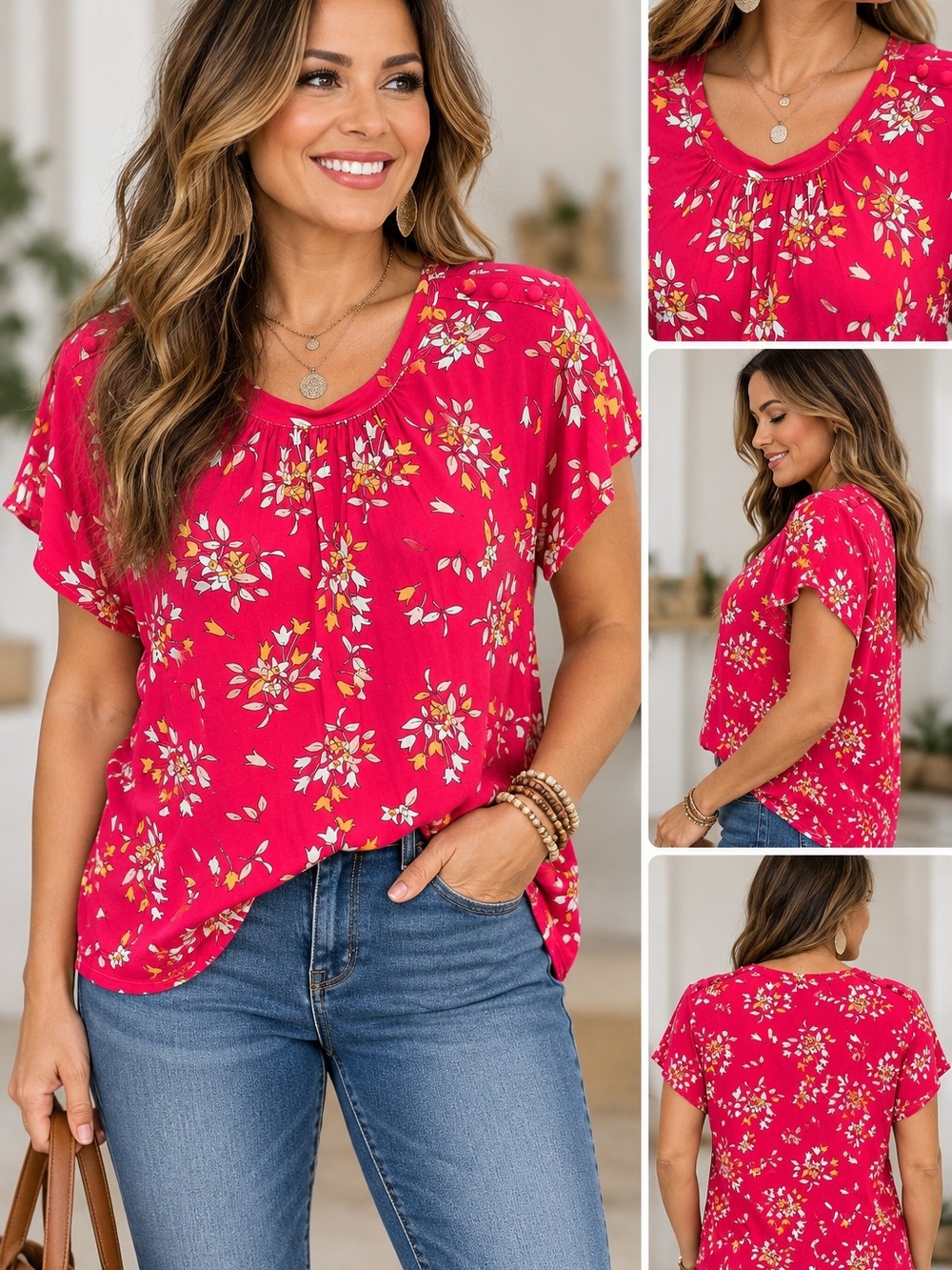 Liz Claiborne Hot Pink Floral Scoop Neck Top (64)